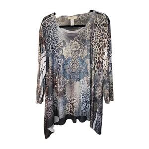 Jess & Jane Top Womens XL Asymmetrical W/Rhinestones 3/4 Sleeve USA Made